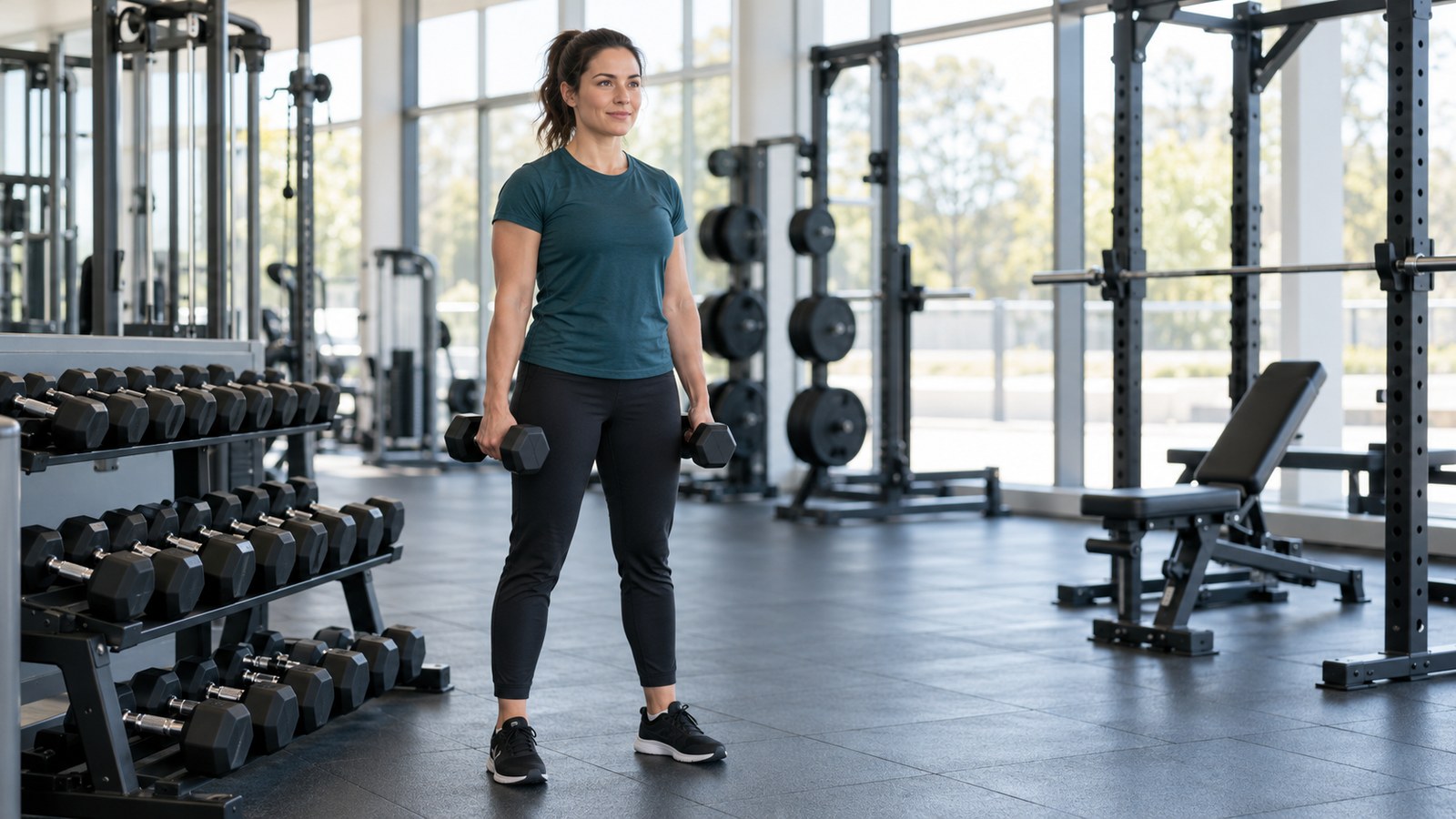 Woman standing in a bright gym holding a pair of dumbbells at her sides
