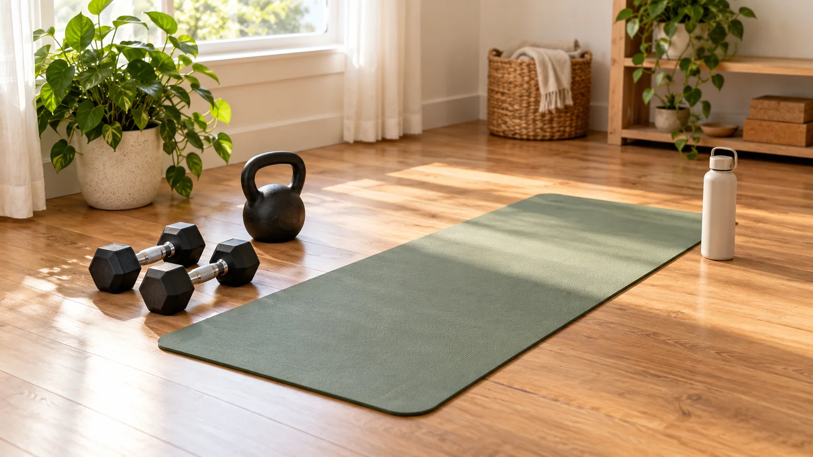 Dumbbells, a kettlebell, an exercise mat and a water bottle in a bright home workout space.