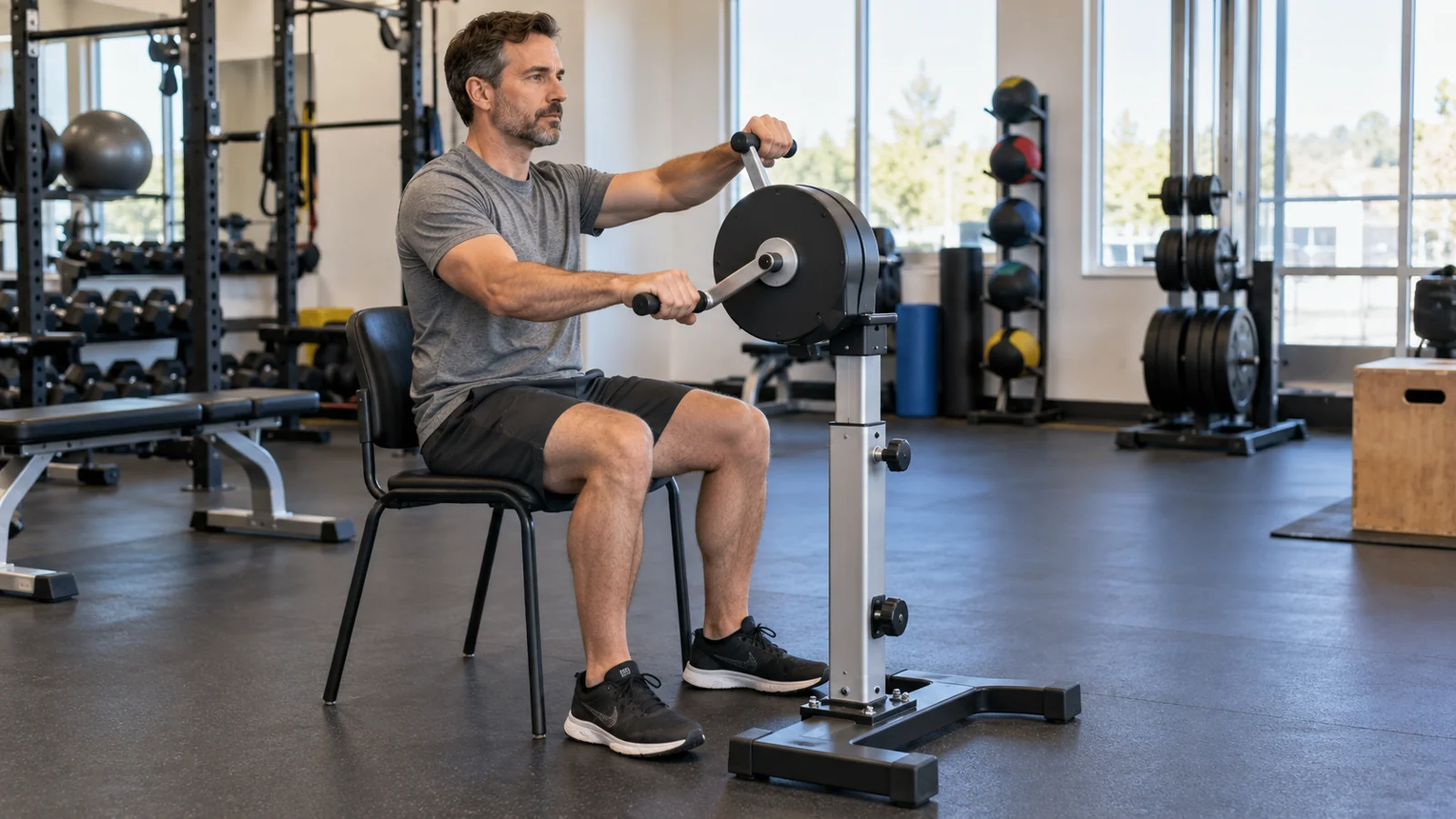 A man seated at an upper-body ergometer turning the arm-bike handles.