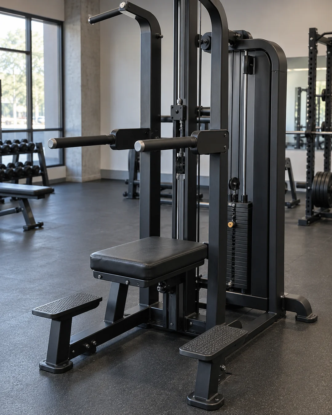 Assisted dip machine with parallel handles, knee support pad and selectorized weight stack.