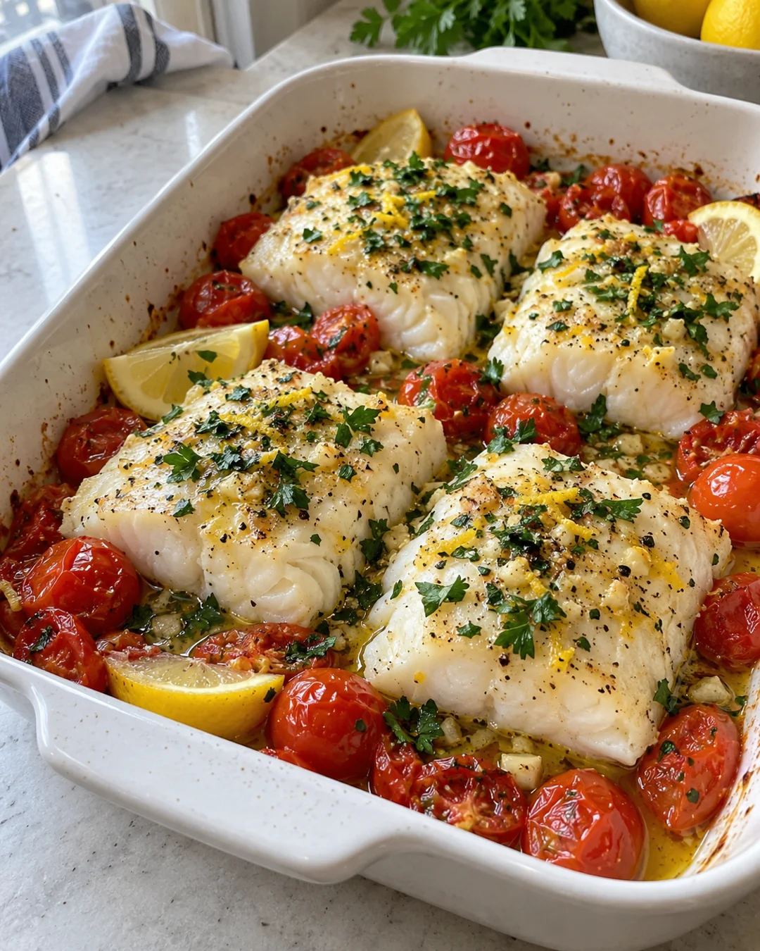 Baked cod portions with parsley, lemon and roasted cherry tomatoes.