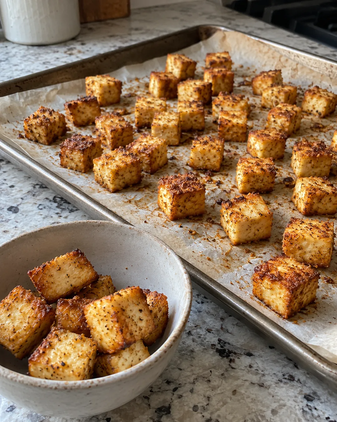 Golden baked tofu cubes on a parchment-lined tray and in a small ceramic bowl.