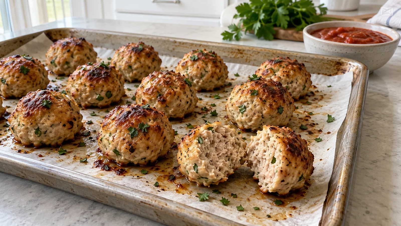Golden baked turkey meatballs on a parchment-lined tray, with one cut open and a small bowl of tomato sauce alongside.