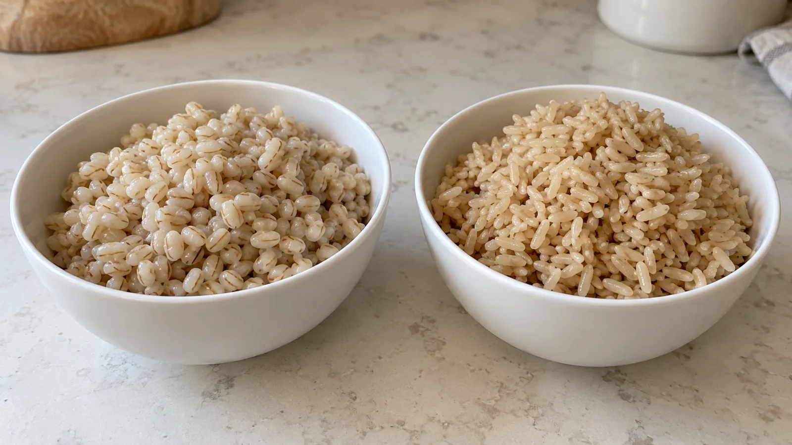 Cooked pearl barley on the left and cooked brown rice on the right in two white bowls.