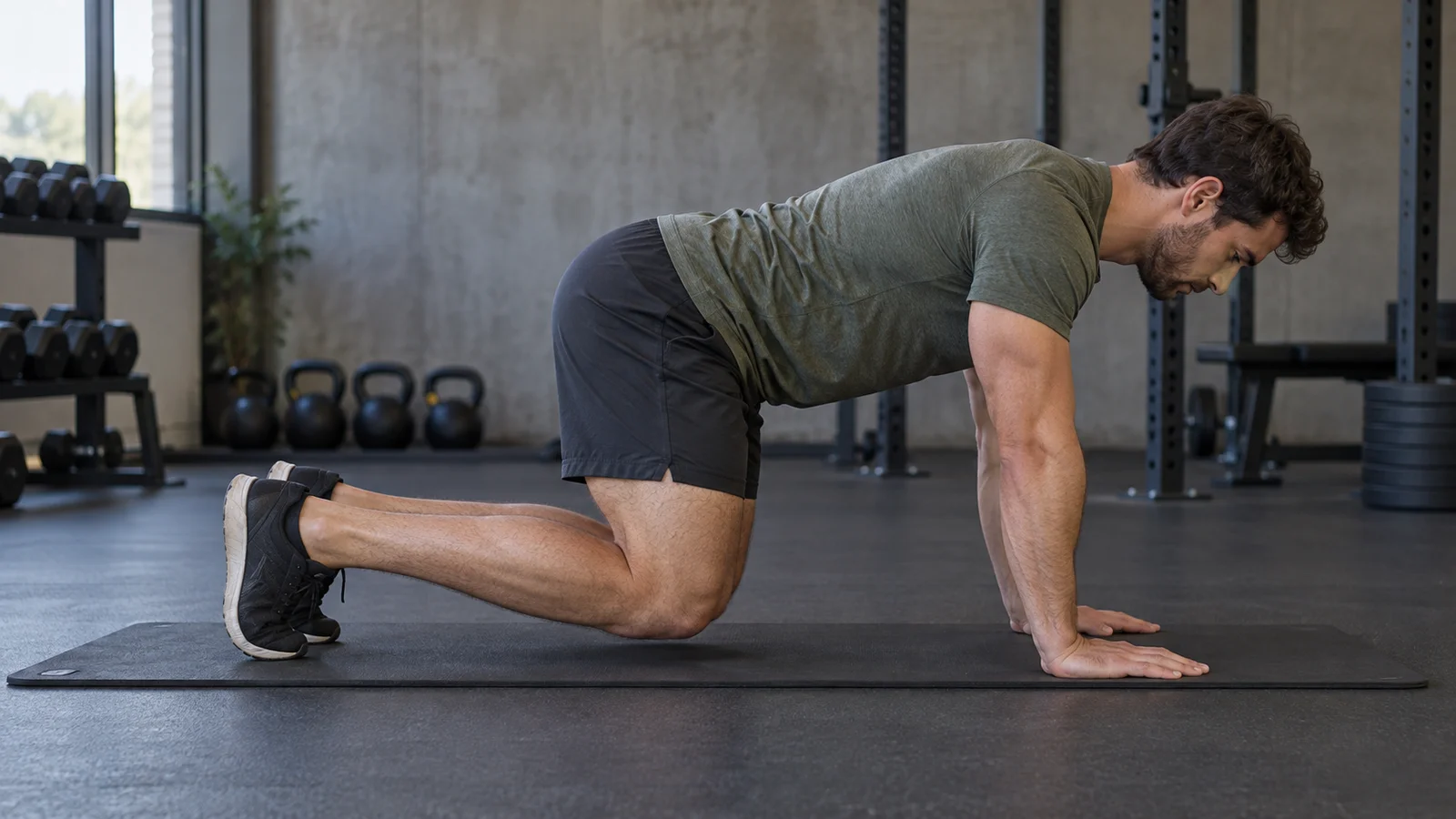 Athlete holding a bear plank with bent knees hovering just above an exercise mat.