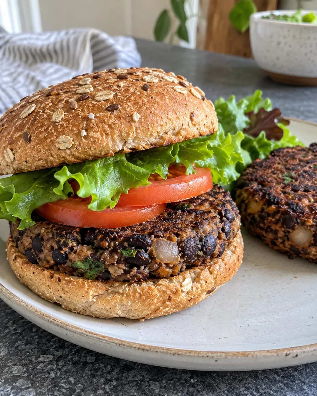 Black bean burger with lettuce and tomato in a whole-grain bun, with a second bean patty on the plate.