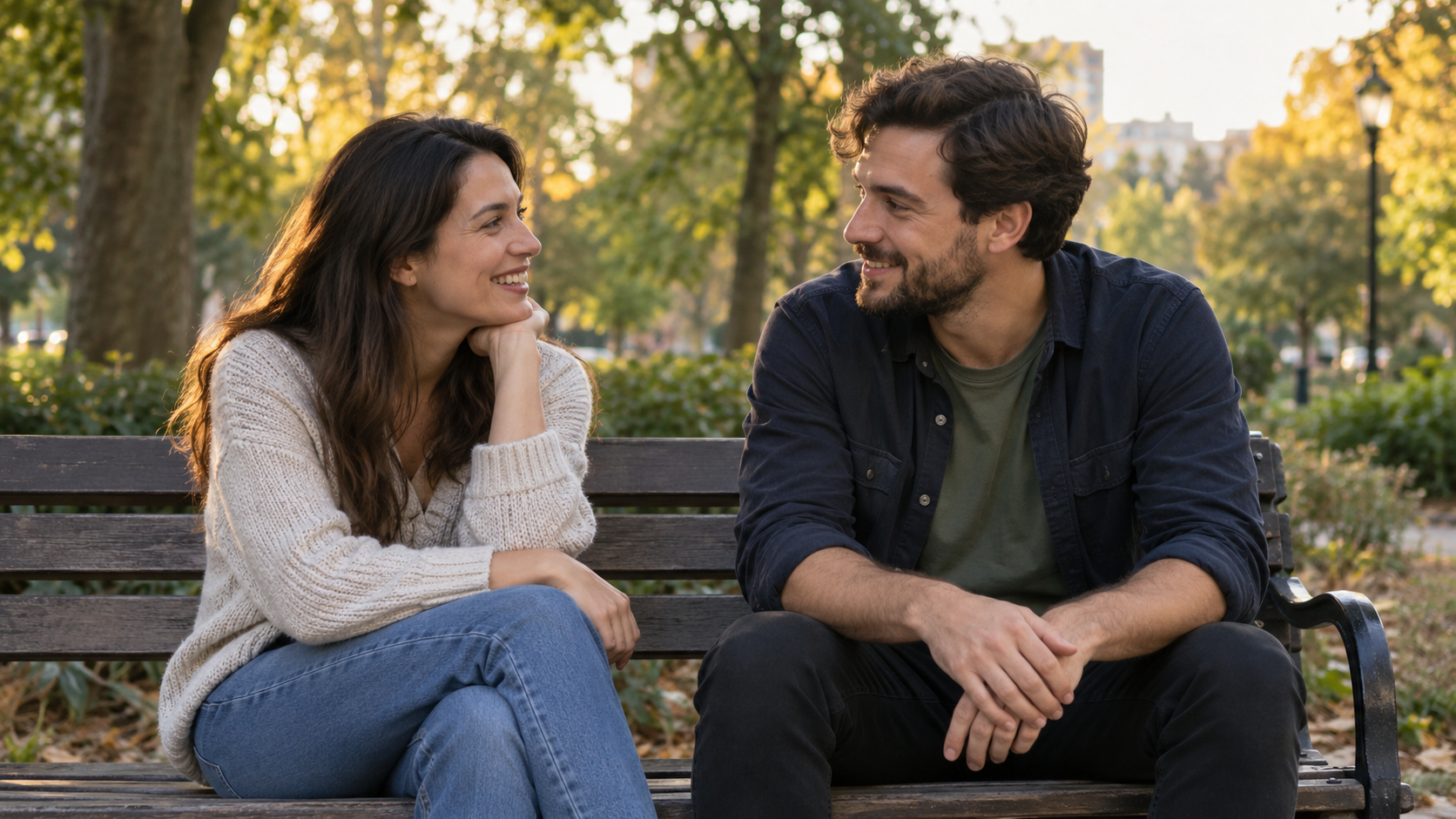 Two adults having a relaxed conversation on a park bench.