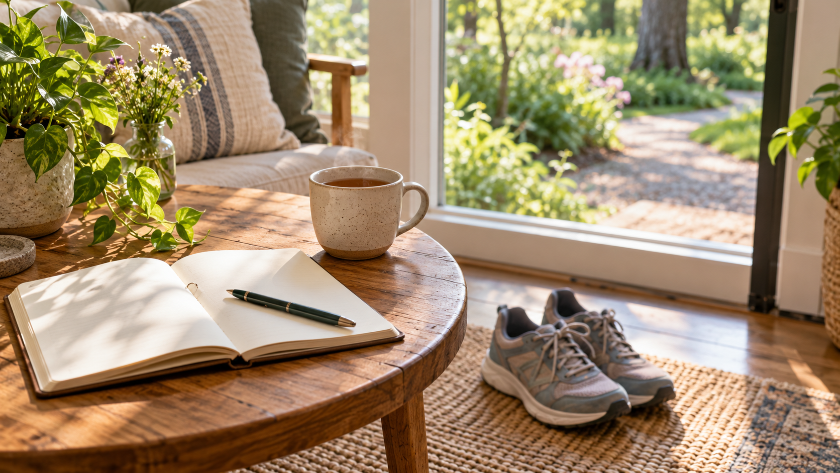 An open journal and cup of tea beside walking shoes near a sunlit garden door.