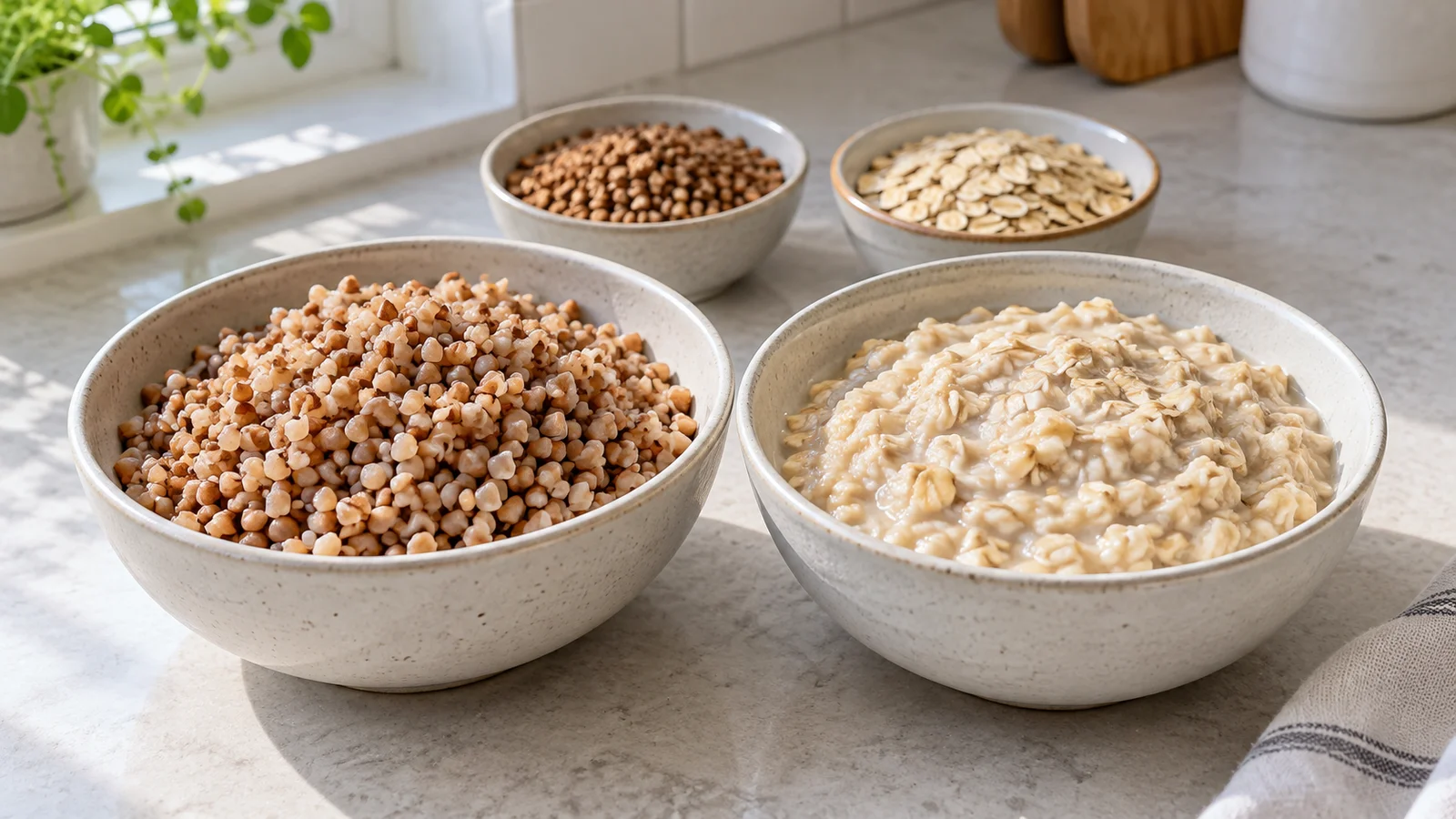 Side-by-side bowls of cooked buckwheat groats and creamy oatmeal, with small bowls of the dry grains behind them.