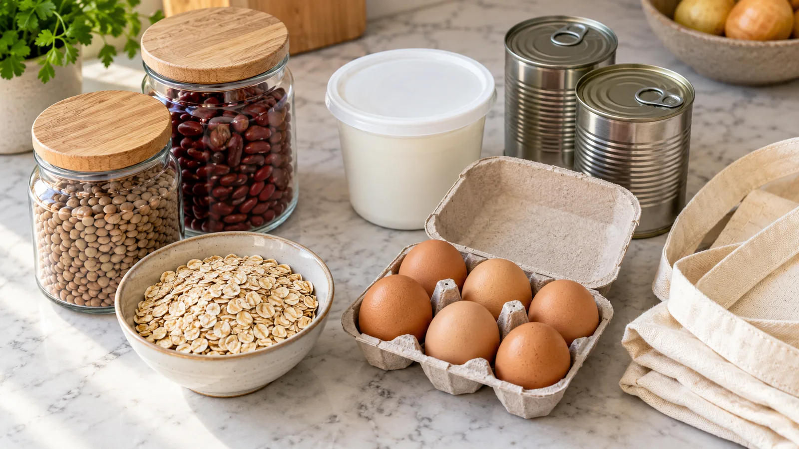 Lentils, beans, oats, eggs, plain yogurt and unlabelled cans arranged with a reusable grocery bag.