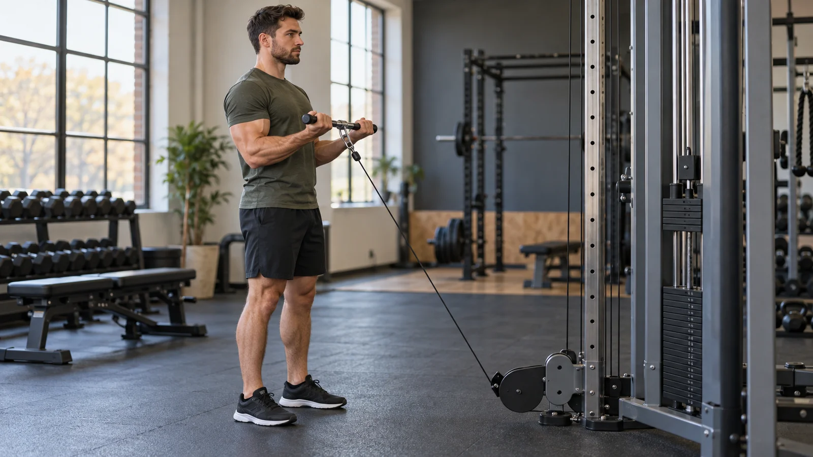 An adult performing a standing cable biceps curl with a bar attached to a low pulley.