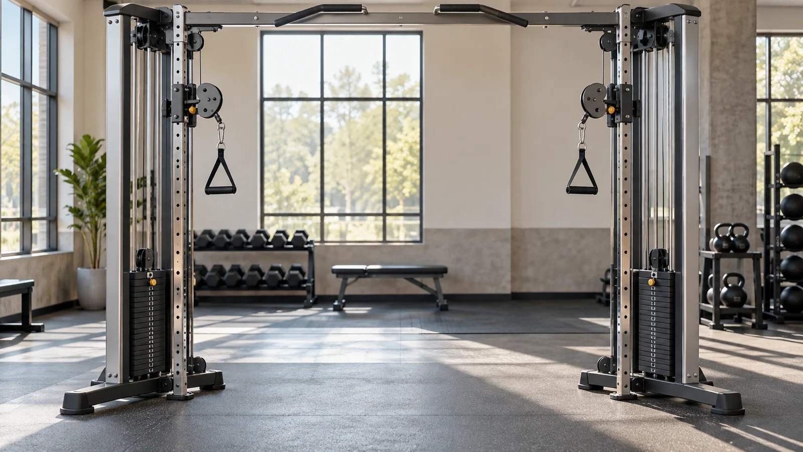 Two cable handles on a dual-pulley gym machine set up for a chest fly.