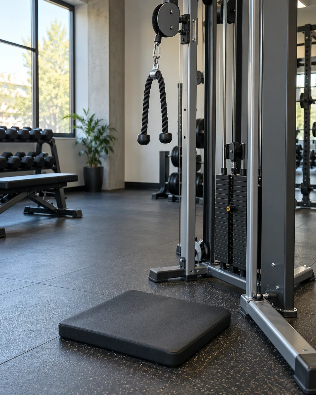 High-pulley cable machine with a rope attachment and a kneeling mat positioned in front.