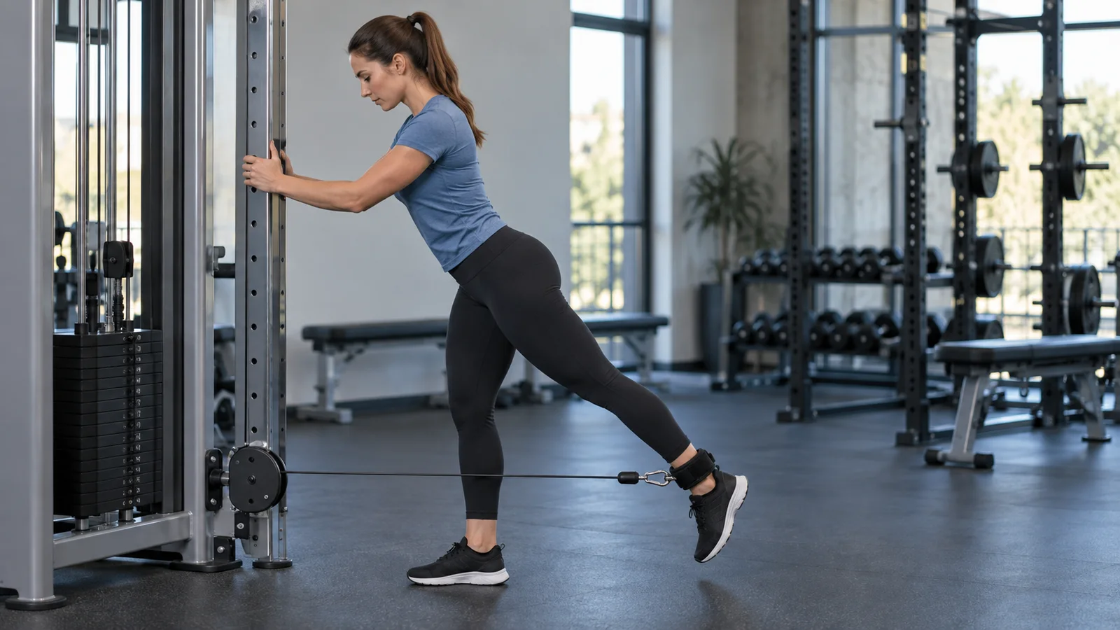 Adult holding a cable station for support while extending one cuffed leg behind the body during a cable glute kickback.