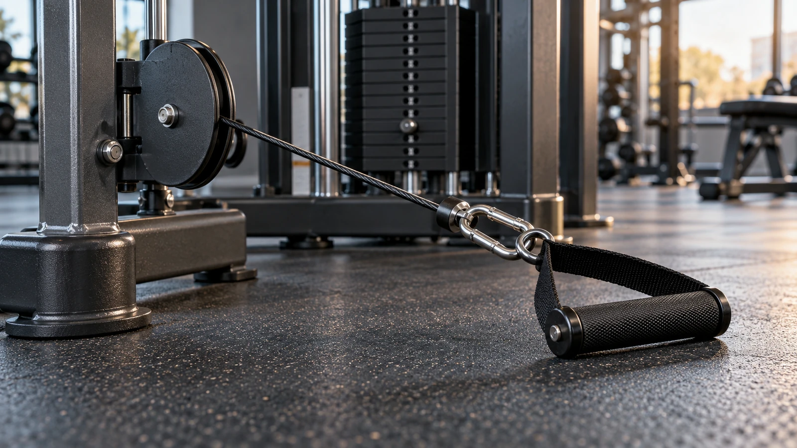 Single-handle cable attachment connected to a low pulley on a gym machine.