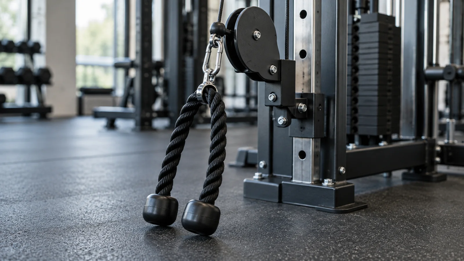 Low cable pulley with a rope attachment and clear gym floor space for a cable pull-through exercise.