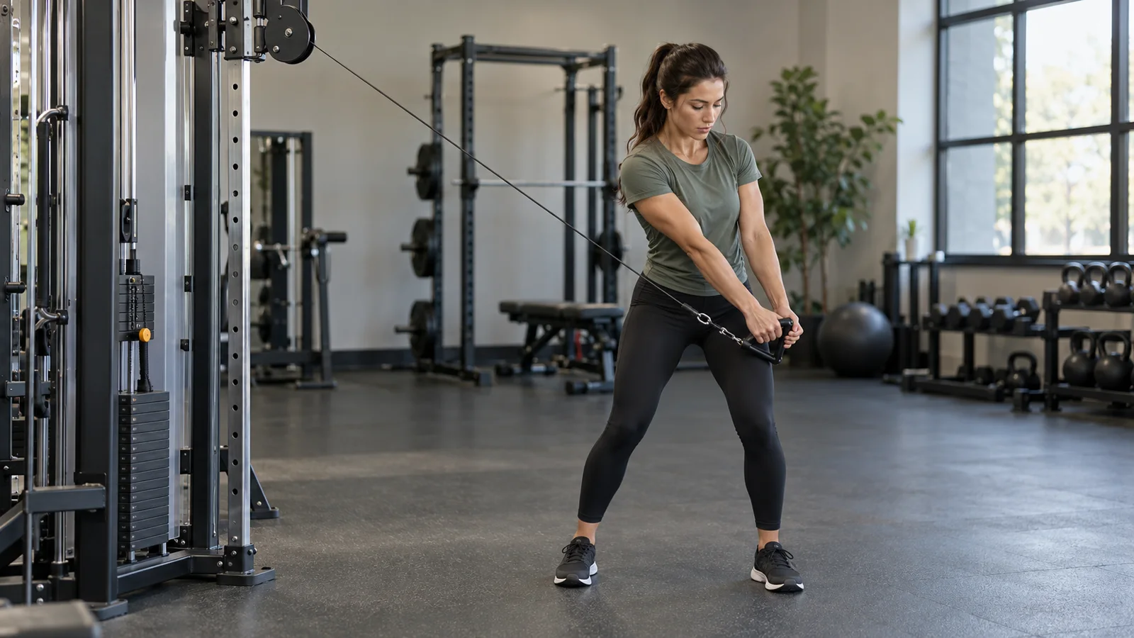 Adult standing beside a high cable pulley, guiding the handle diagonally toward the opposite hip during a woodchop.