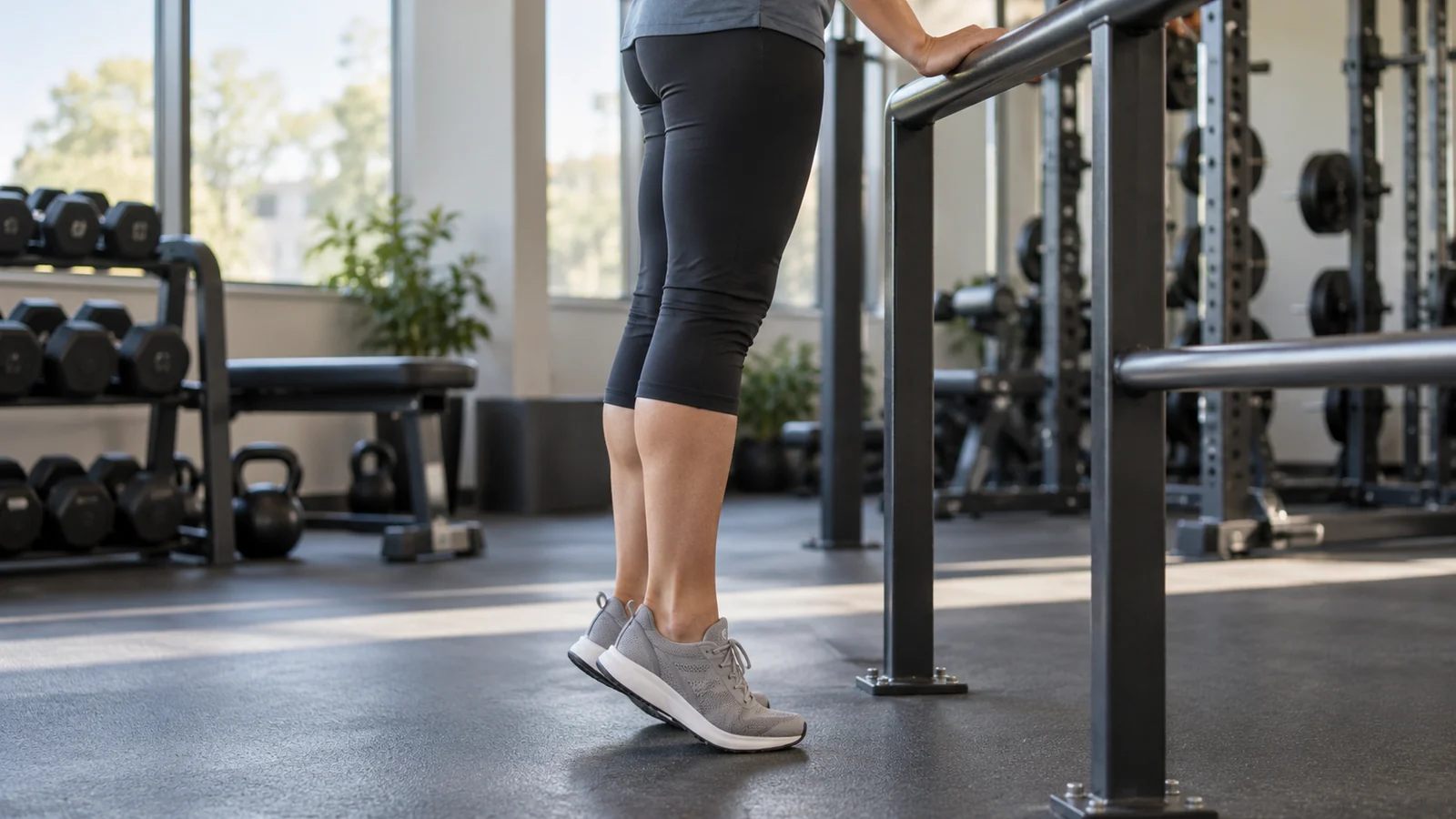 Person performing a standing calf raise on a flat floor while holding a support rail.