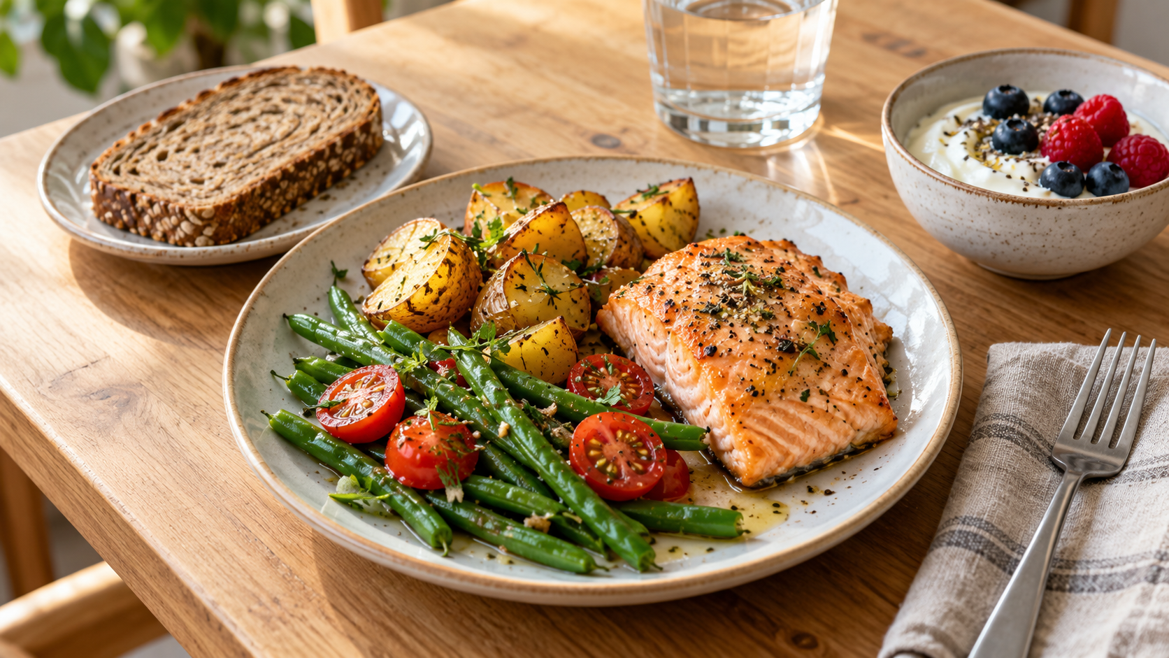 Salmon, potatoes, and vegetables with wholegrain bread, yogurt, berries, and water.