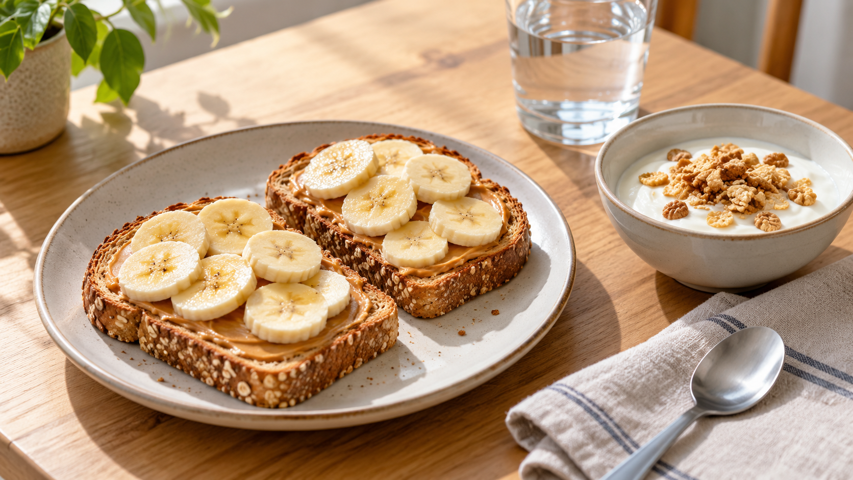 Wholegrain toast with peanut butter and banana beside yogurt with cereal.