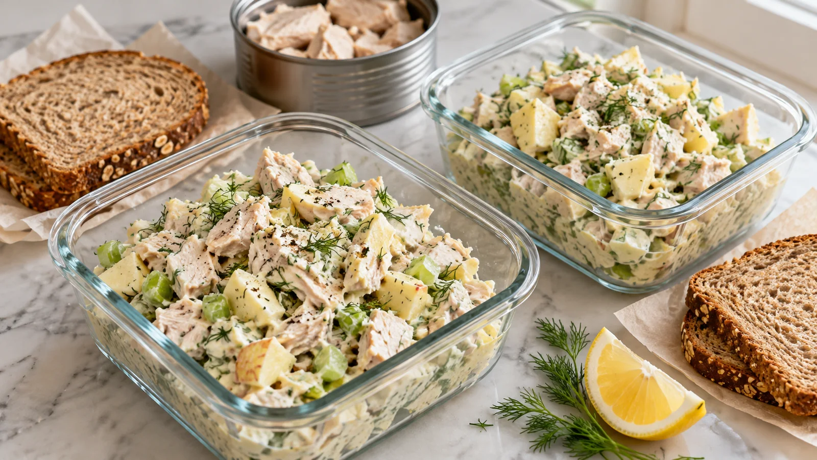 Lemon-dill chicken salad with celery and apple in glass meal-prep containers, served with separately packed whole-grain bread.