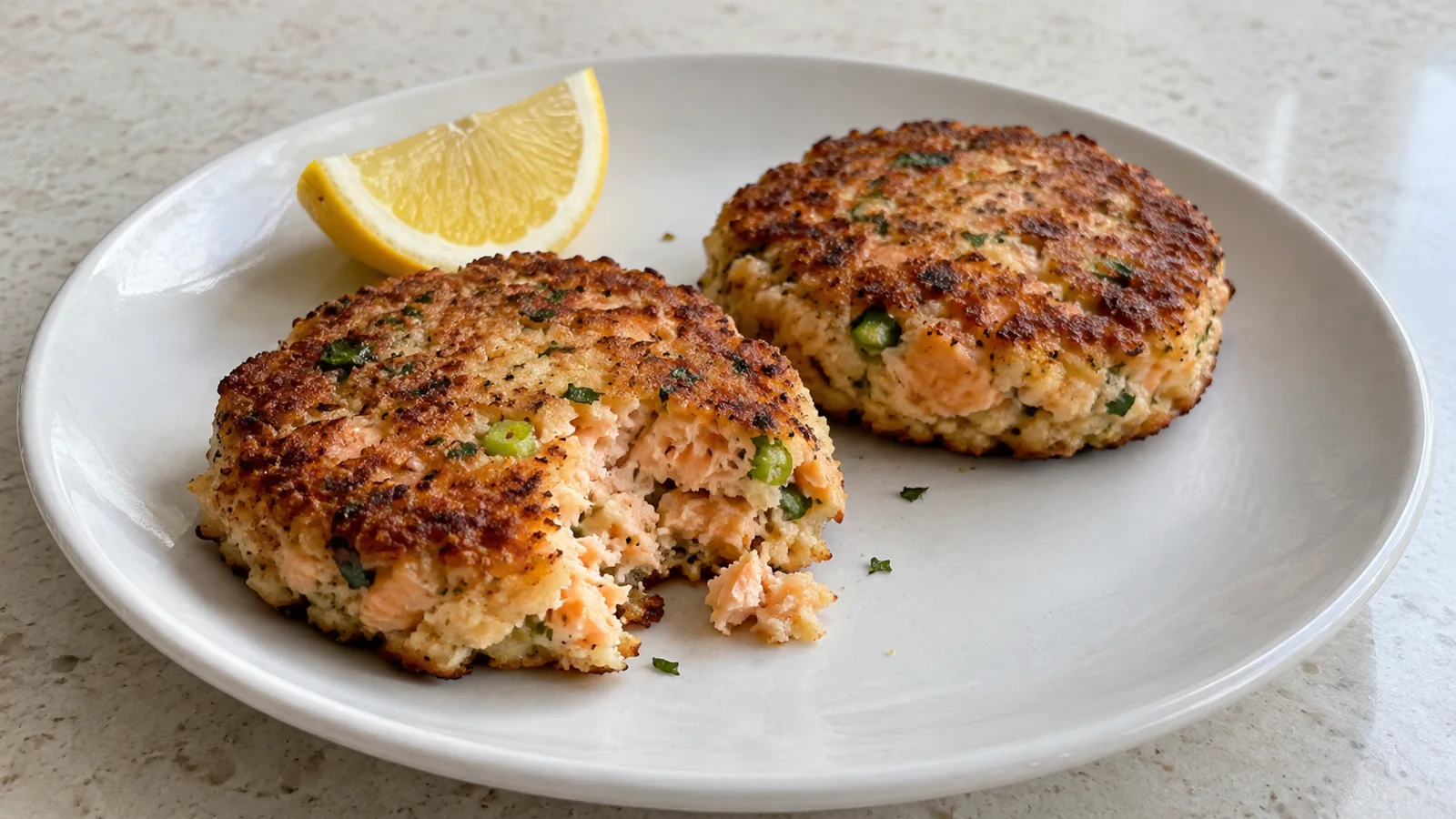 Two golden salmon cakes with scallion and parsley beside a lemon wedge on a white plate.