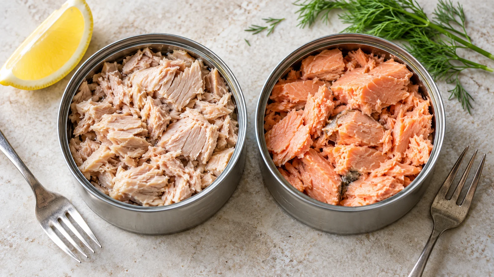 Open tins of pale flaked tuna and pink flaked salmon beside lemon and dill.