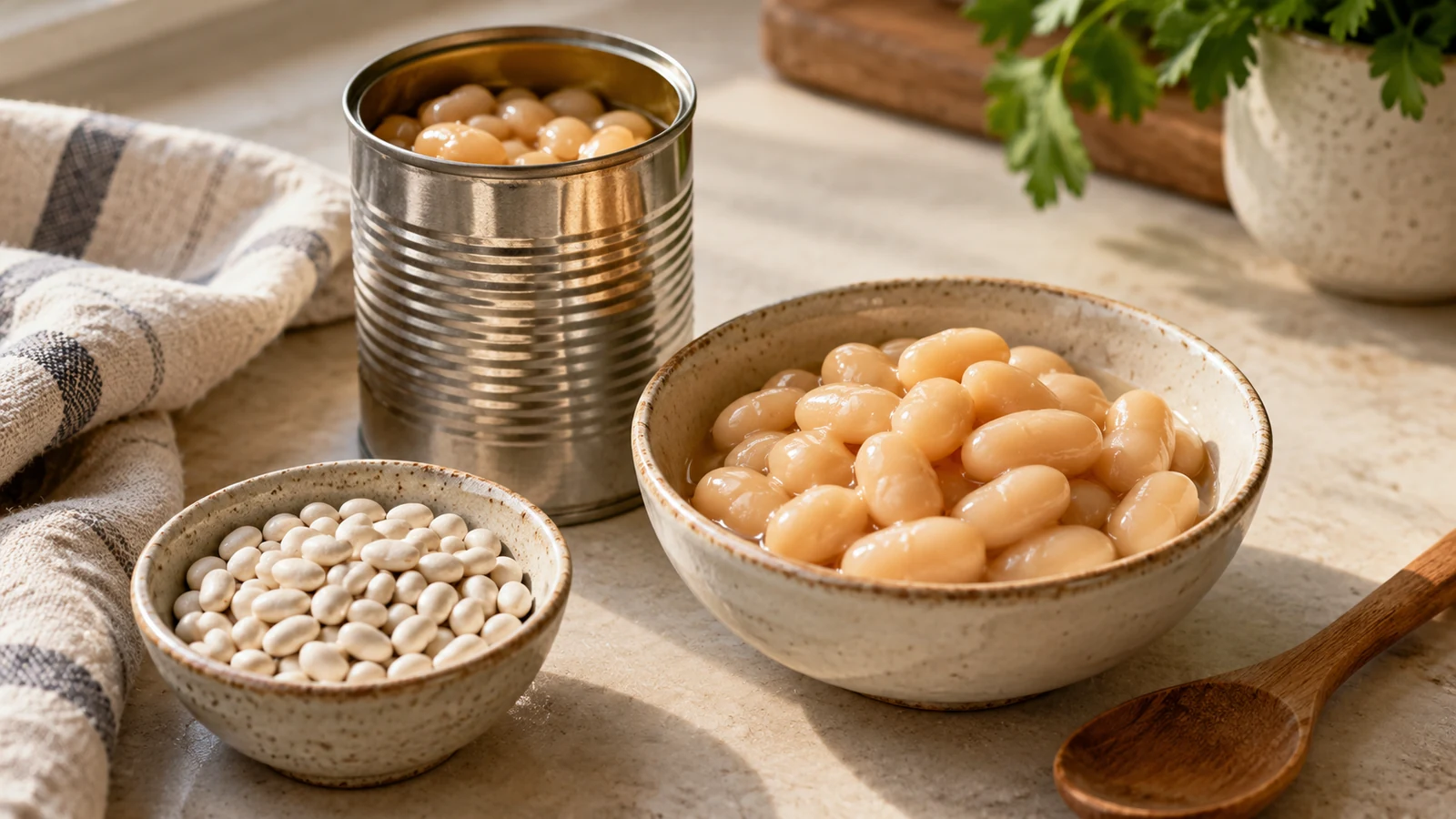 Cooked beans in an open unlabelled can beside a bowl of dried beans.