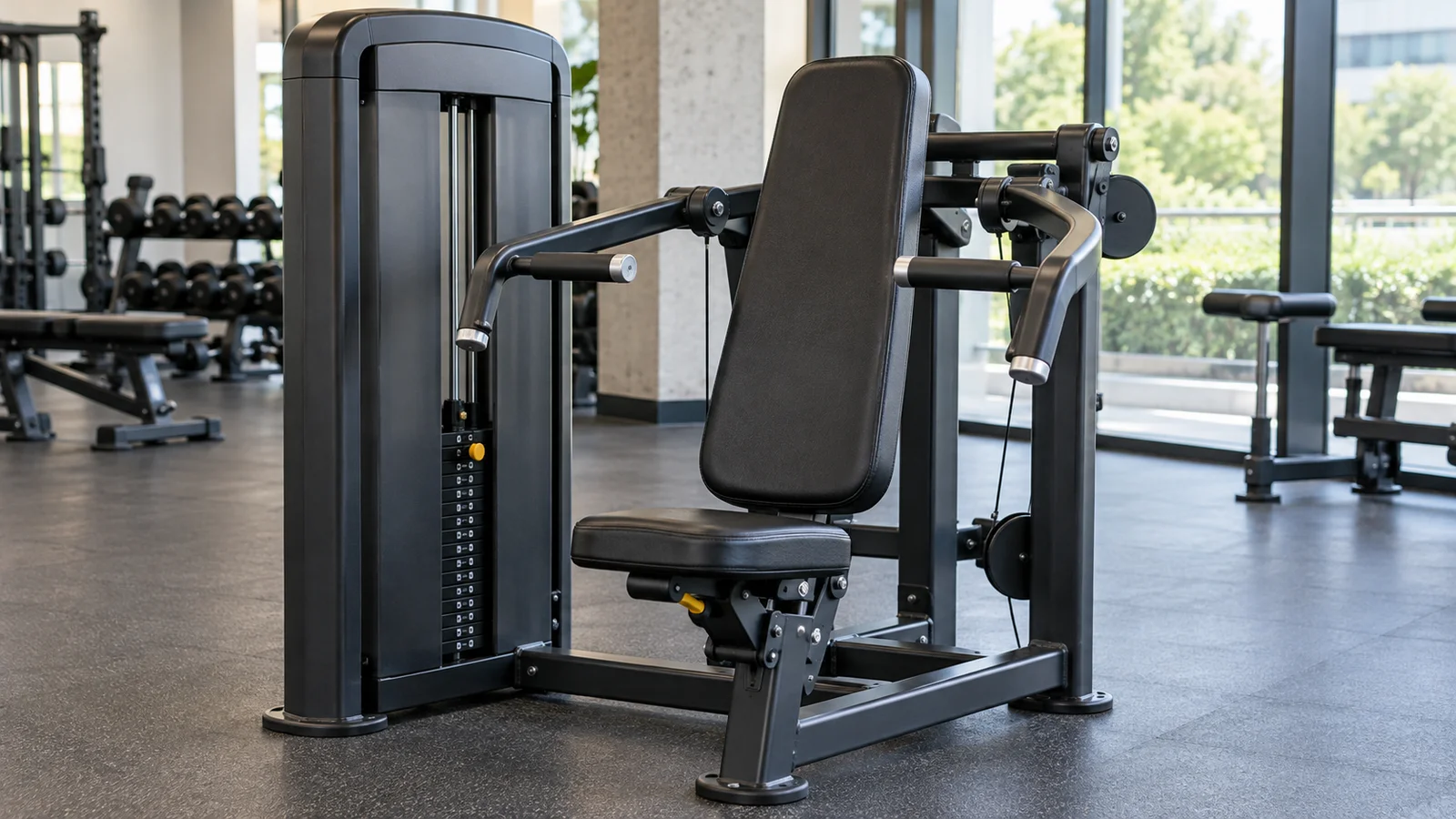 Seated chest press machine with an upright back pad and paired pressing handles.