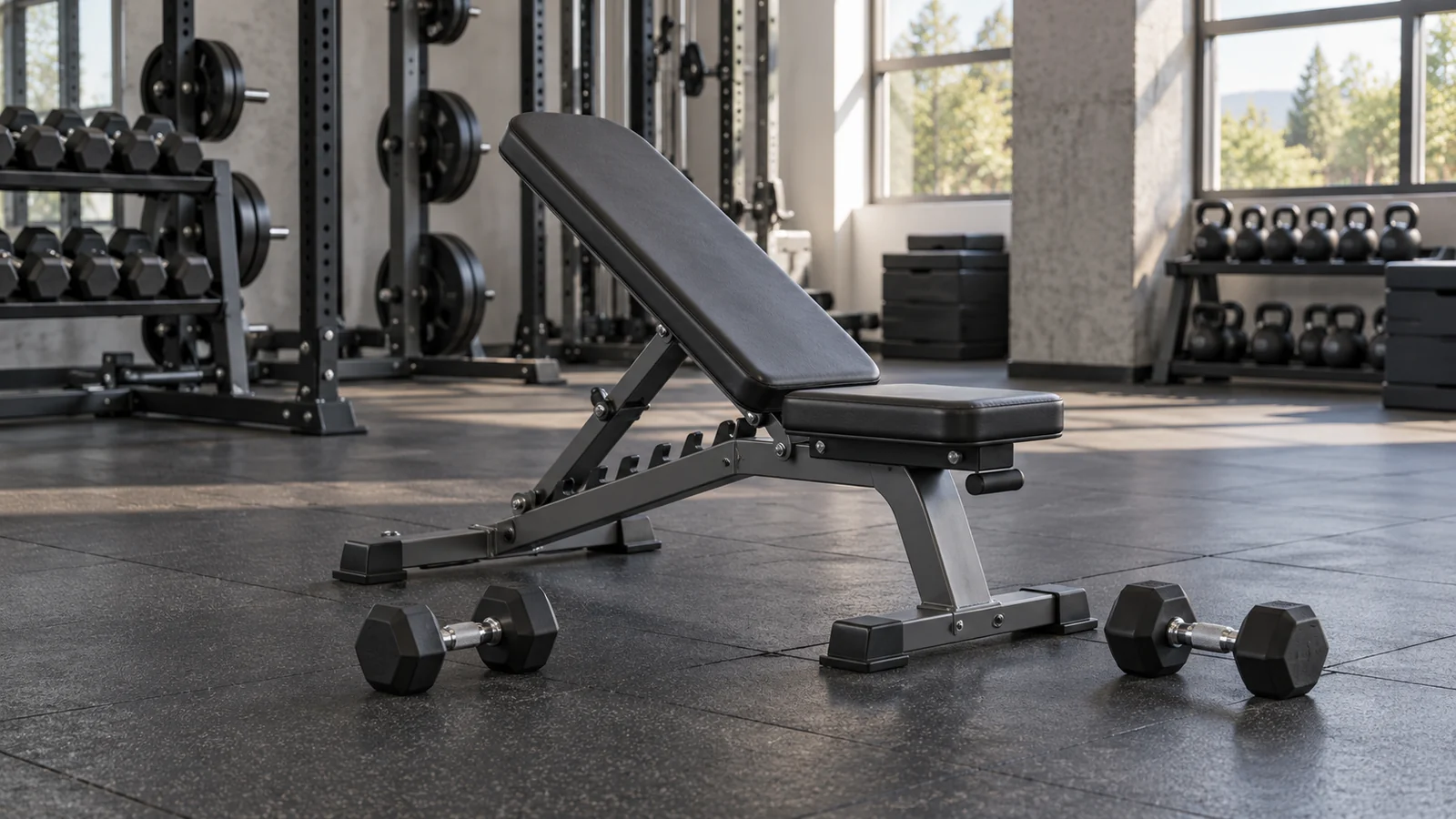 Incline weight bench with a pair of dumbbells on a gym floor.