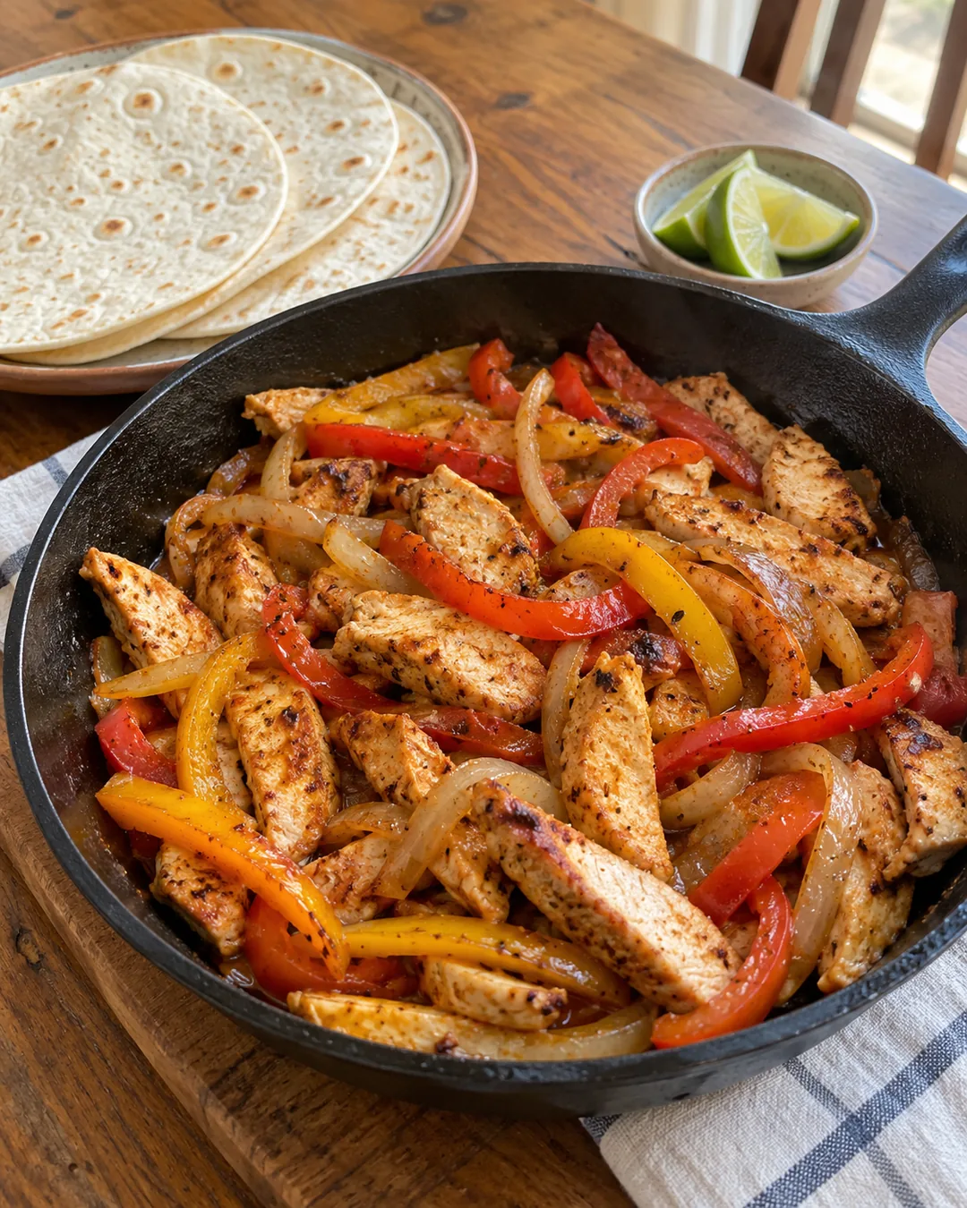 Chicken strips, bell peppers and onions in a skillet beside flour tortillas and lime wedges.