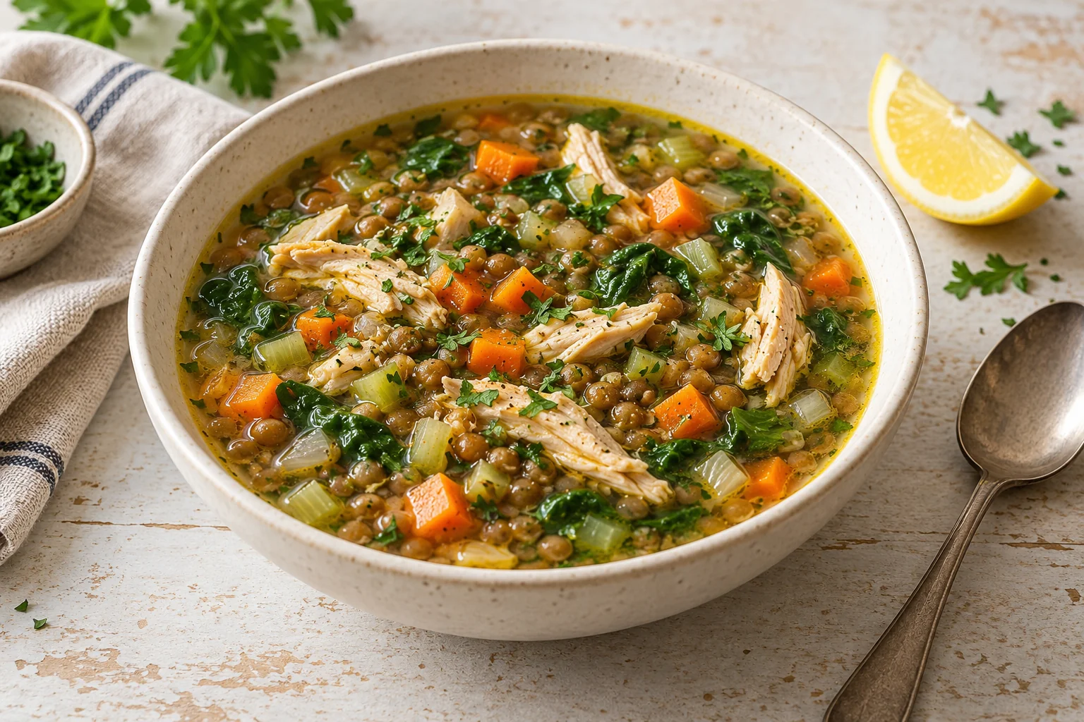 Bowl of chicken lentil soup with shredded chicken, brown lentils, carrots, celery and leafy greens.