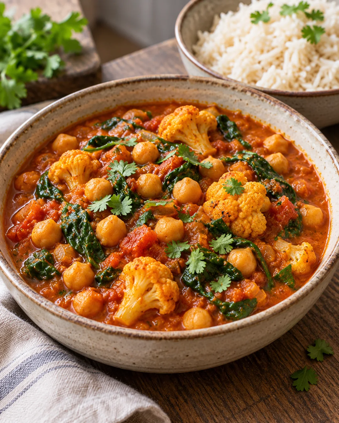 Tomato-based chickpea curry with cauliflower and spinach, with rice served separately.