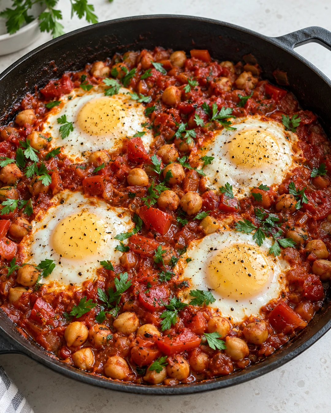 Four eggs in a skillet of tomato, red pepper and chickpea shakshuka.