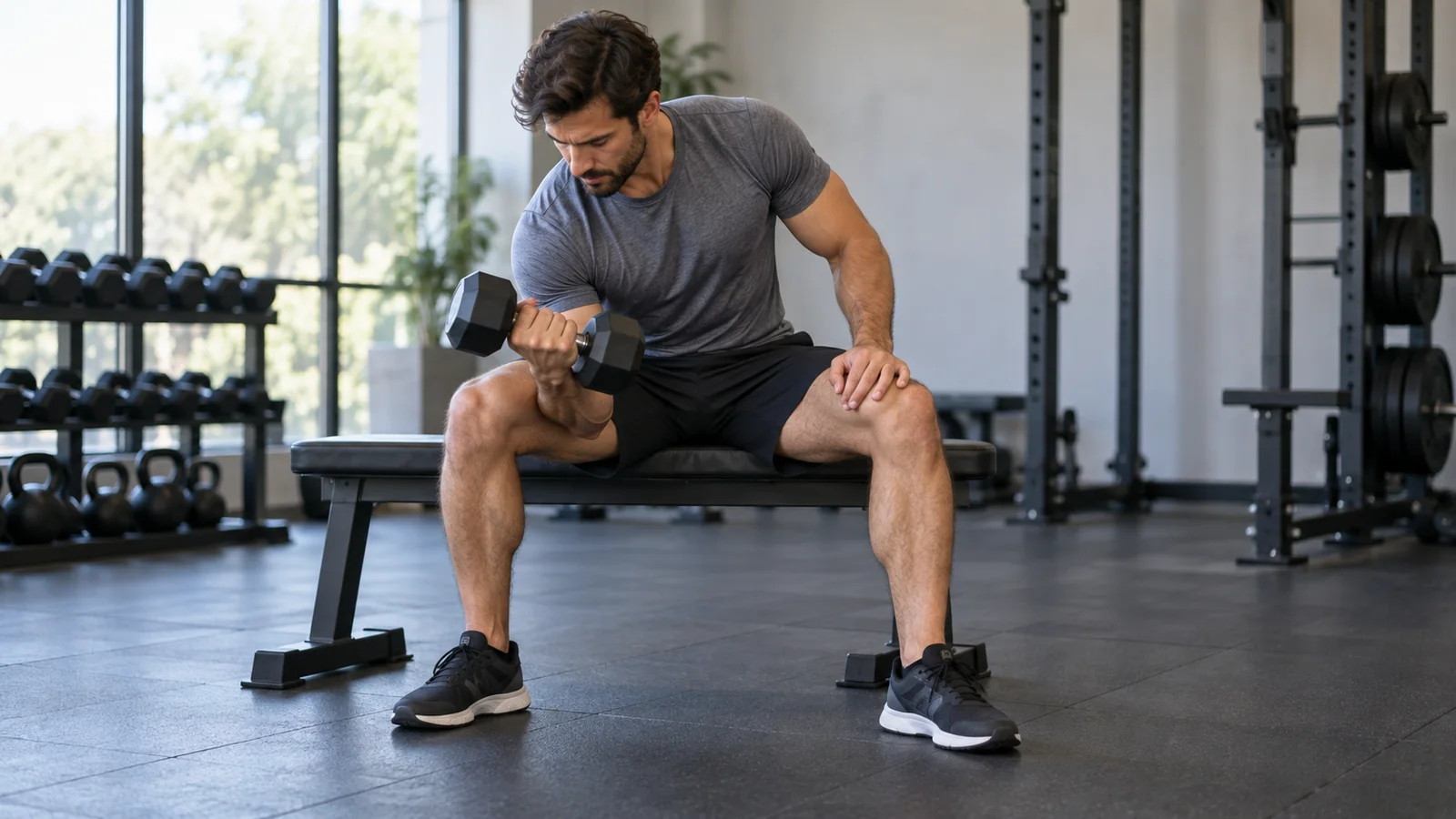 Adult seated on a bench performing a dumbbell concentration curl with the upper arm braced against the inner thigh.