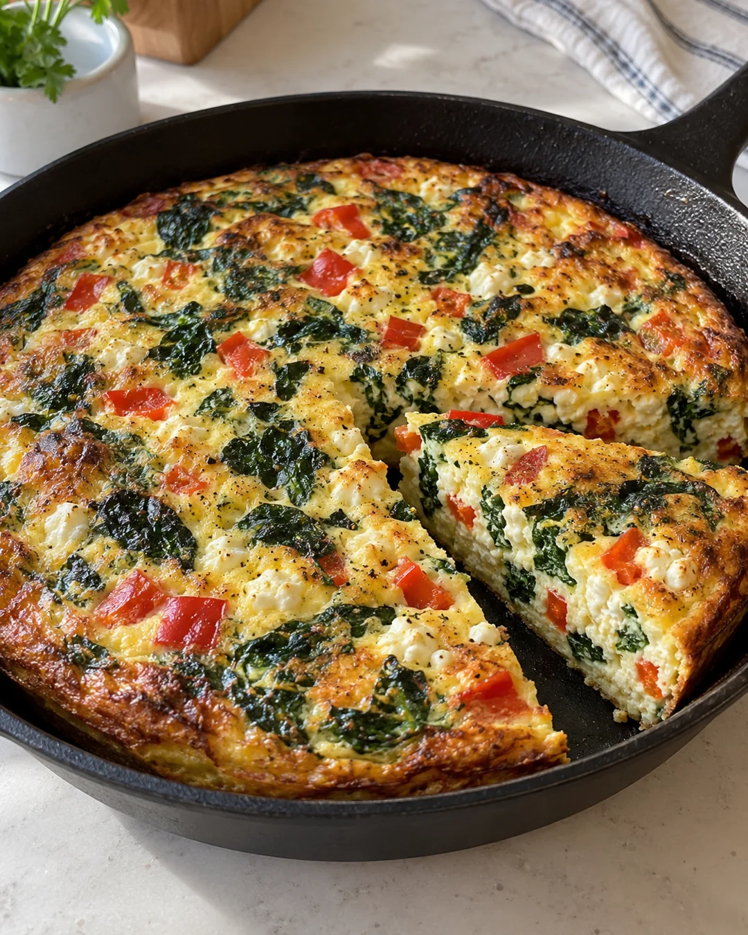 Golden cottage cheese frittata with spinach and red pepper in a skillet.