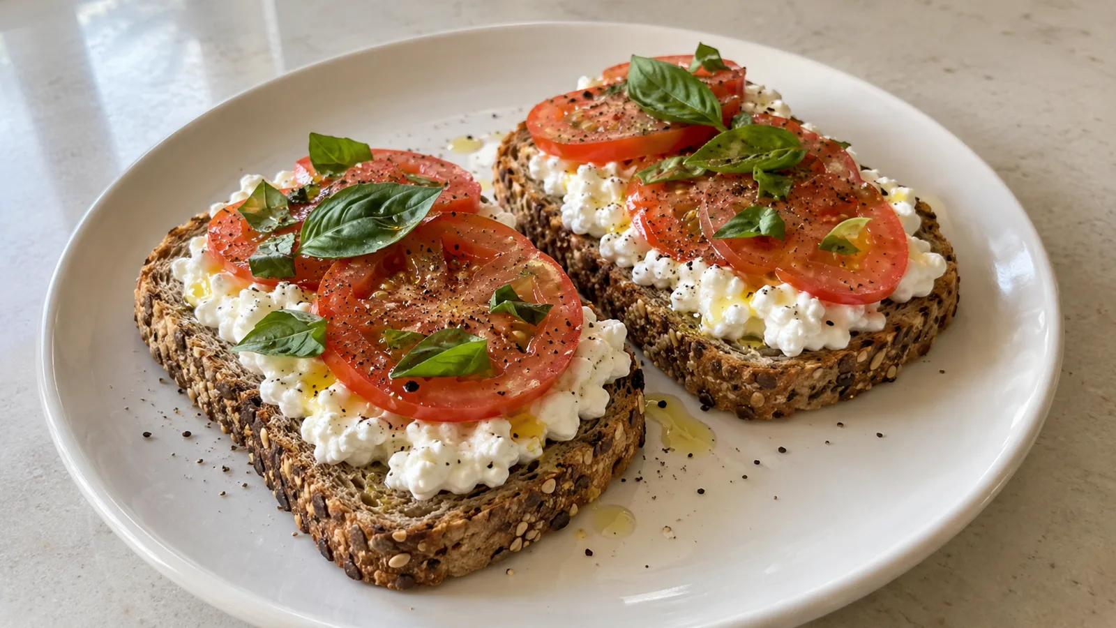 Two slices of seeded toast topped with cottage cheese, sliced tomato, basil and black pepper.