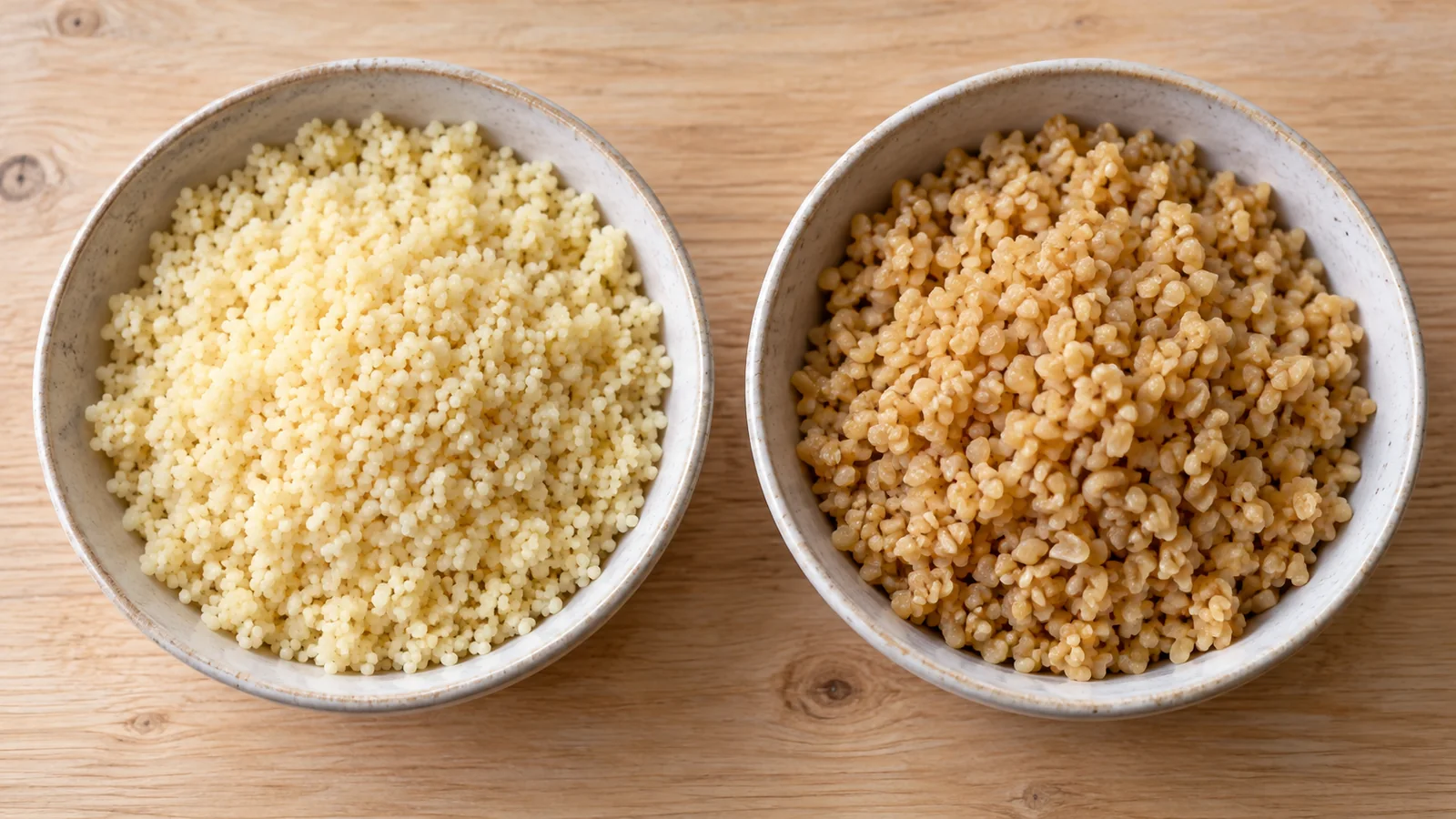 Two ceramic bowls showing fine pale couscous and coarser golden bulgur side by side.
