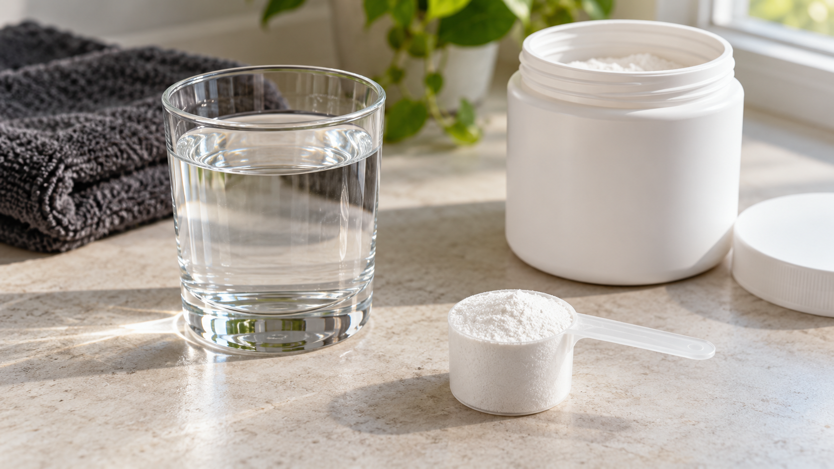 A scoop of white supplement powder beside a glass of water and an unlabelled tub.