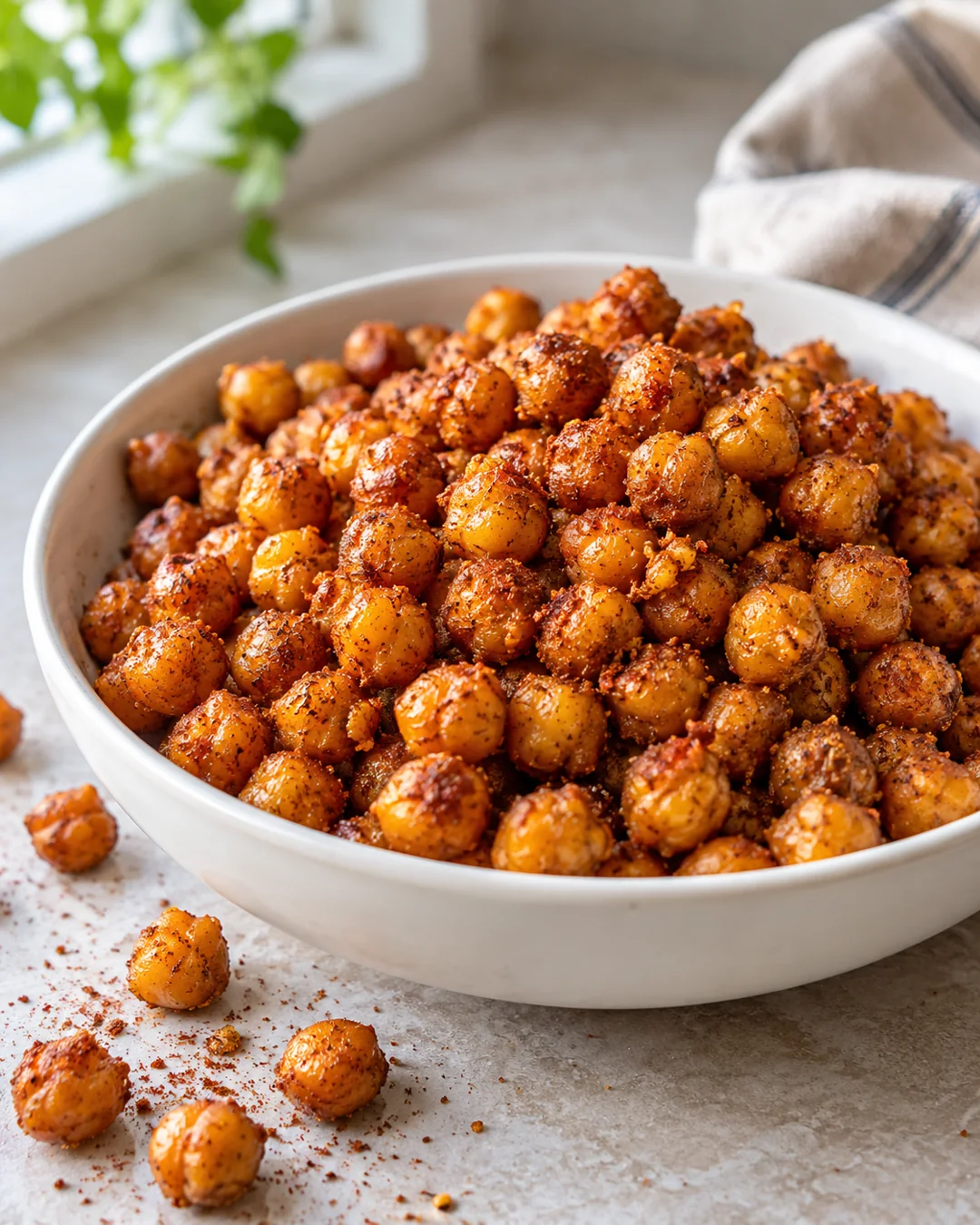 Golden roasted chickpeas coated with reddish paprika and cumin seasoning in a shallow bowl.