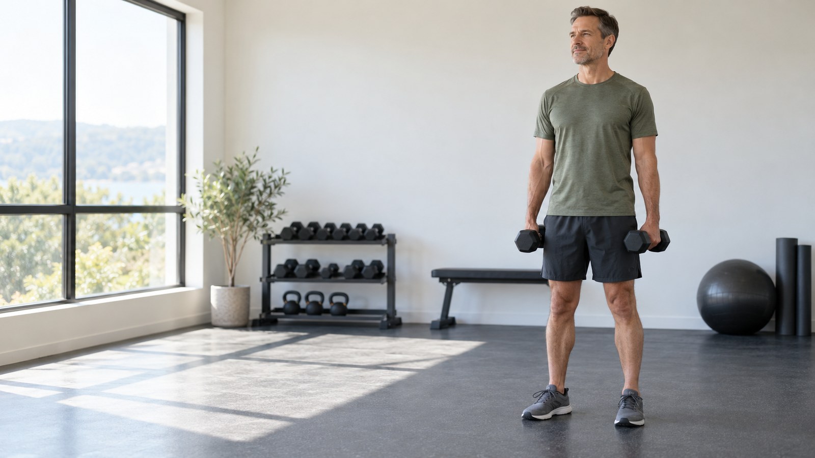 Man standing in a bright gym holding a light pair of dumbbells at his sides