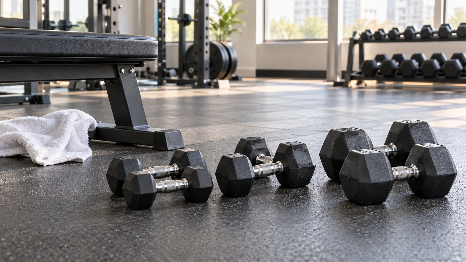 Three pairs of progressively larger dumbbells arranged beside a gym bench