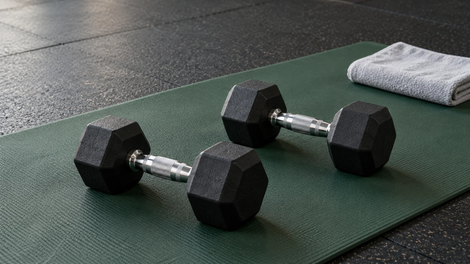 Pair of black hex dumbbells resting on a green exercise mat beside a folded towel.