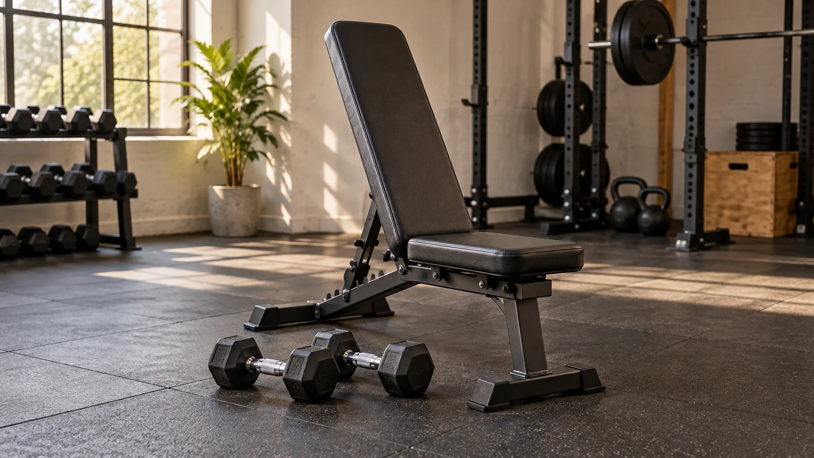 A pair of dumbbells beside an upright workout bench in a sunlit gym.