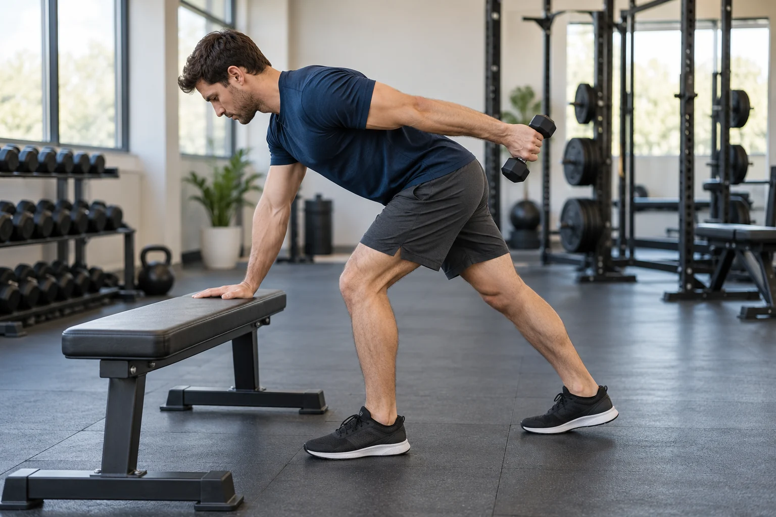 Man performing a supported one-arm dumbbell triceps kickback with his free hand on a bench.
