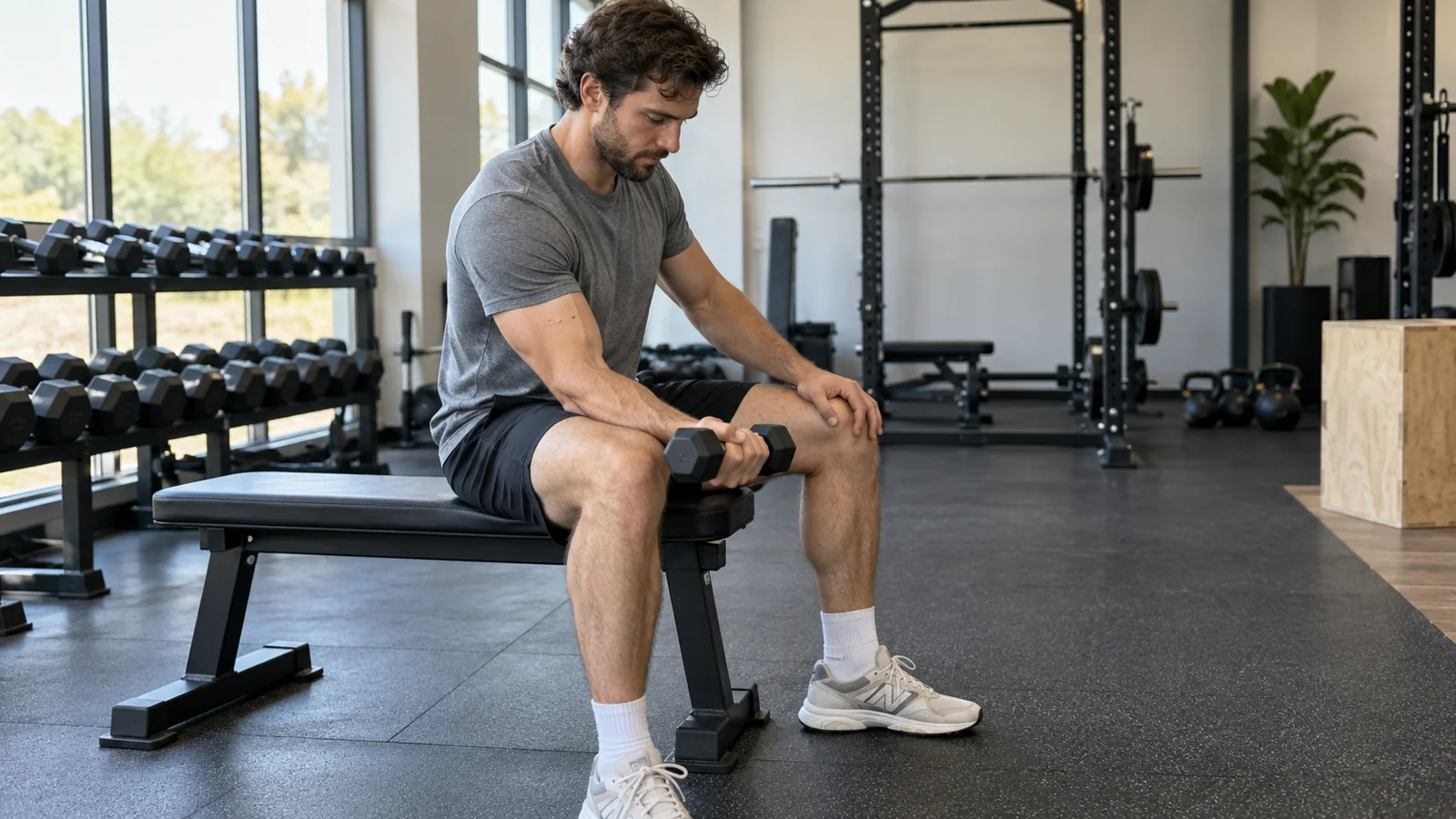 A seated man holding a light dumbbell with his palm-up forearm supported for a wrist curl.