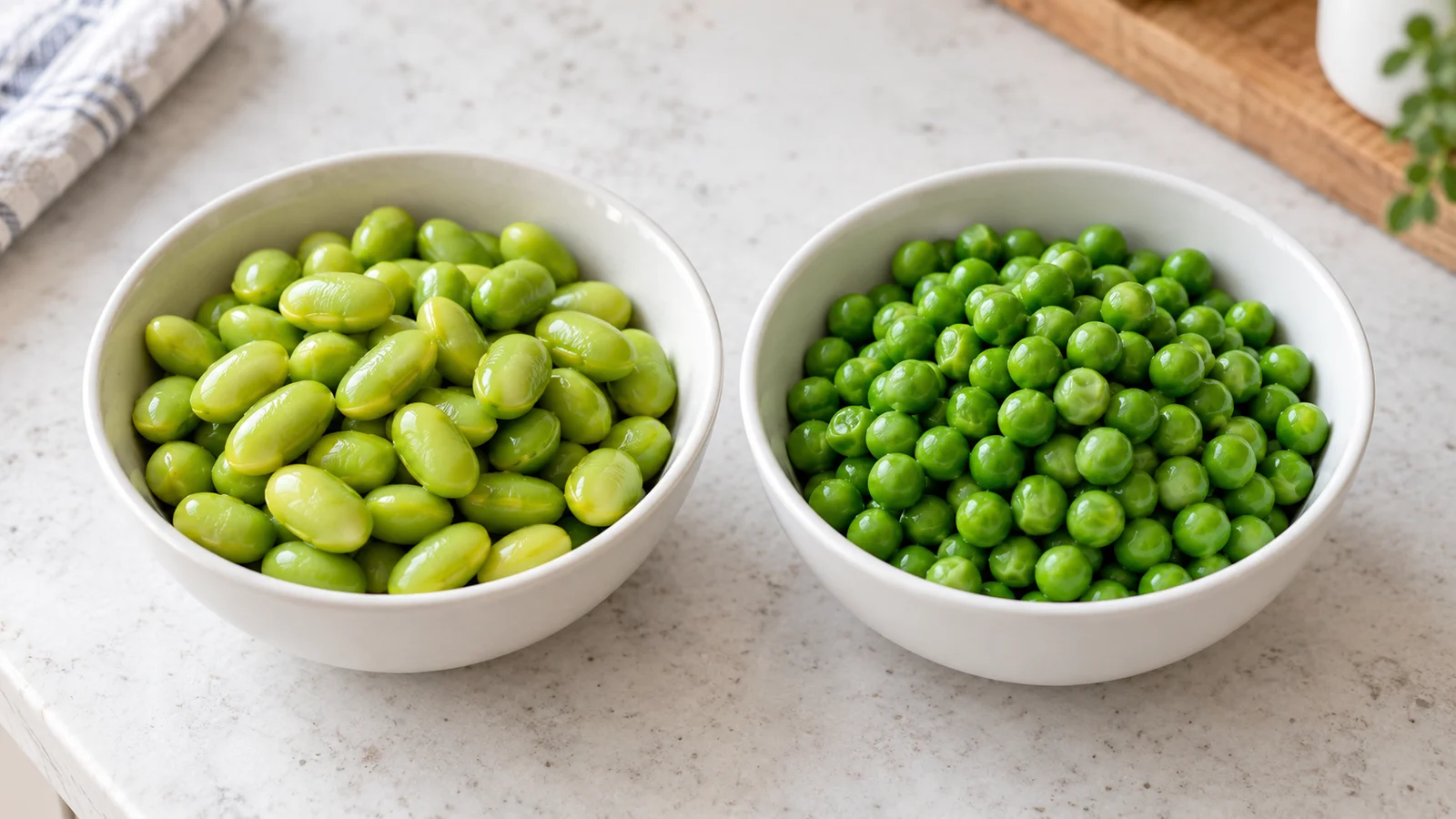 Cooked shelled edamame and green peas in two white bowls.