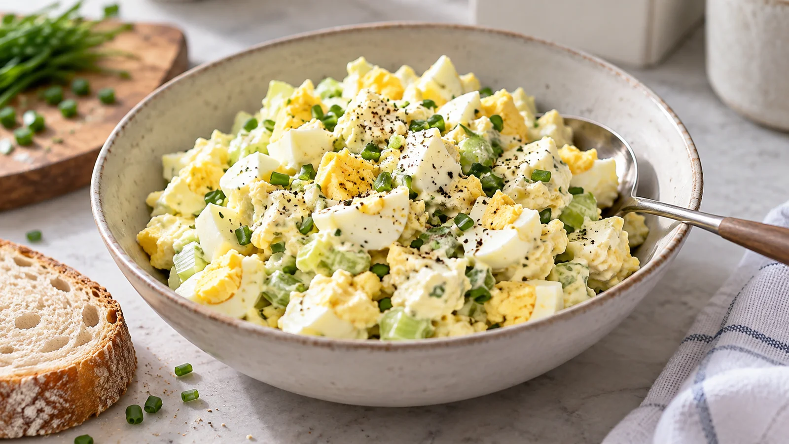 Greek yogurt egg salad with celery and herbs in a bowl beside sliced bread.