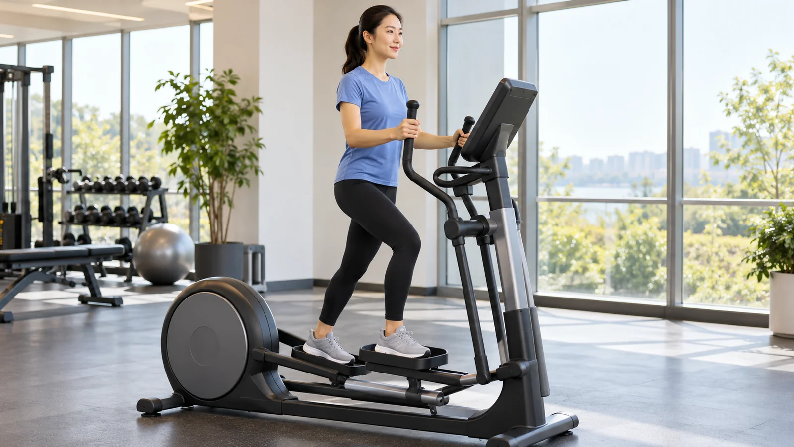 Adult using an elliptical trainer with both feet supported on the pedals.