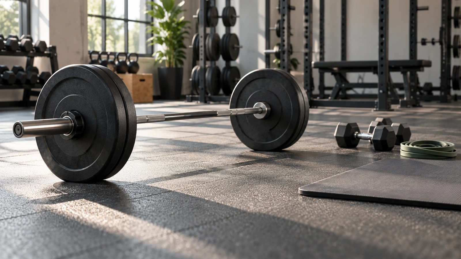 Loaded barbell, hex dumbbells and resistance band arranged on a sunlit gym floor.